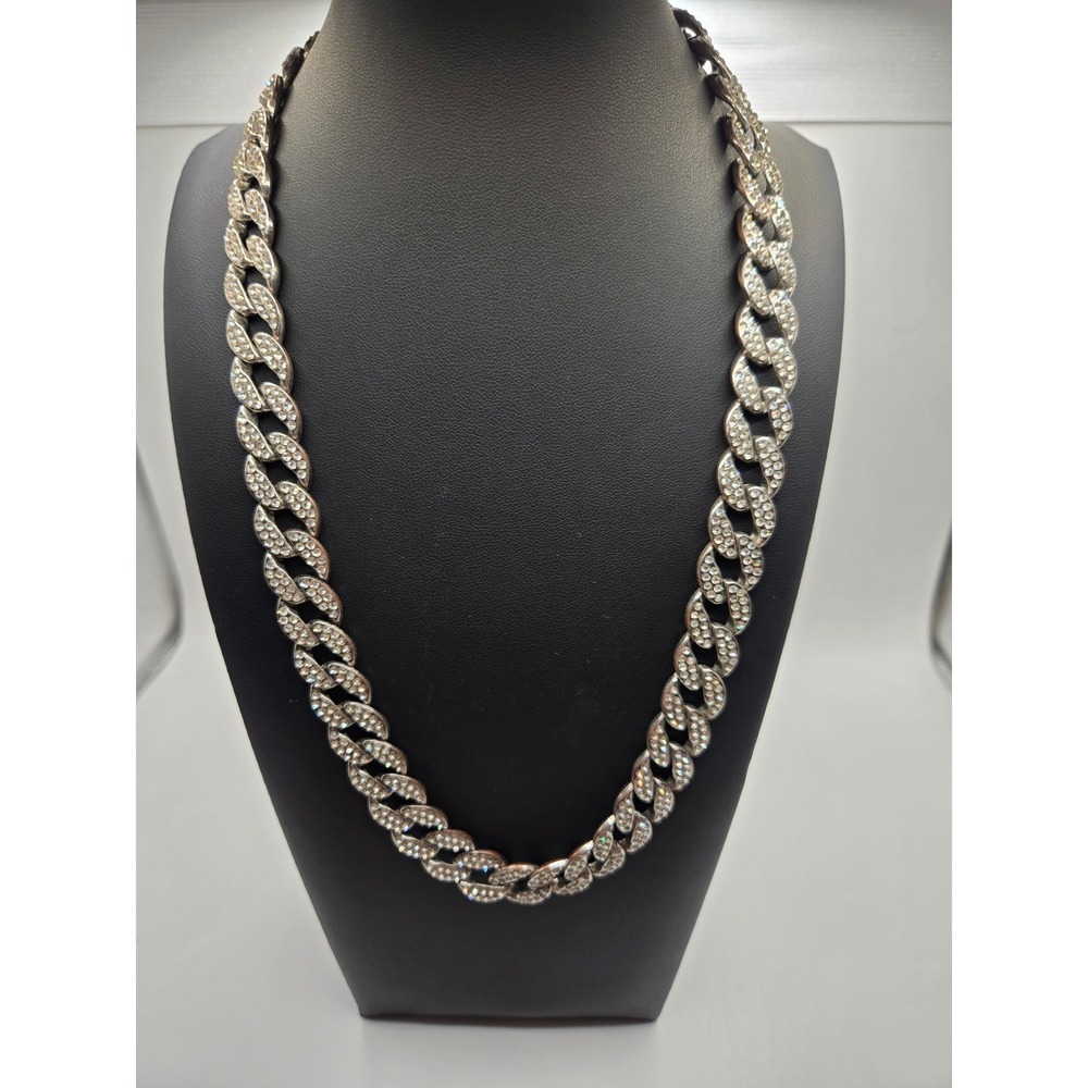 Iced Out Cuban Link Chain Necklace Silver Tone Rhinestone Hip Hop Curb 20 Inch